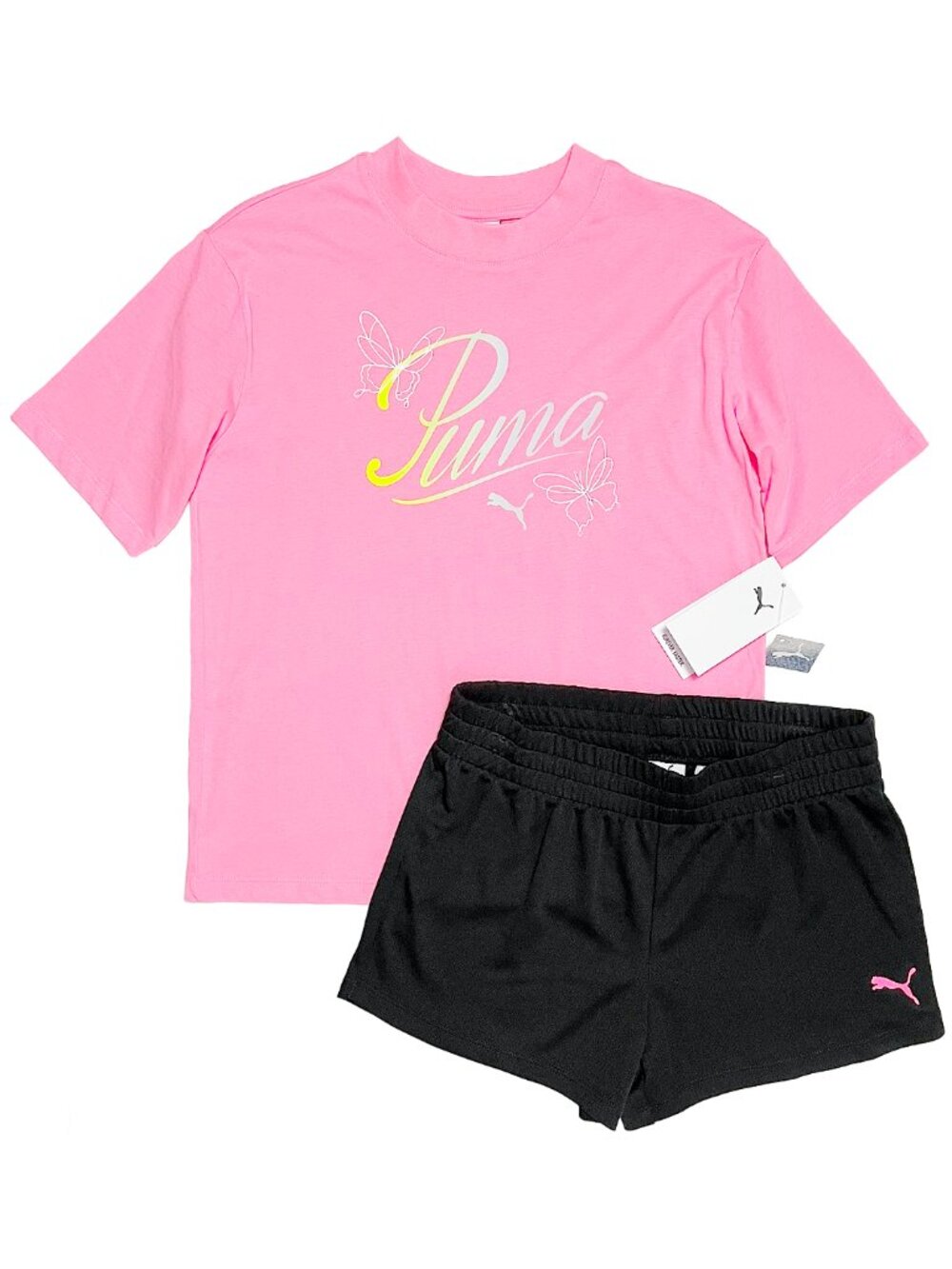 Puma Kids Logo T-Shirt & Shorts Set L Pink Black NWT